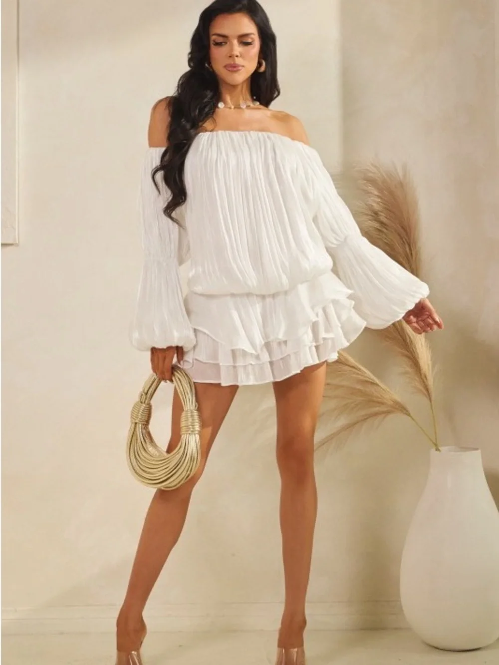 Off-Shoulder White Ruffle Mini Dress - Picture 3 of 4